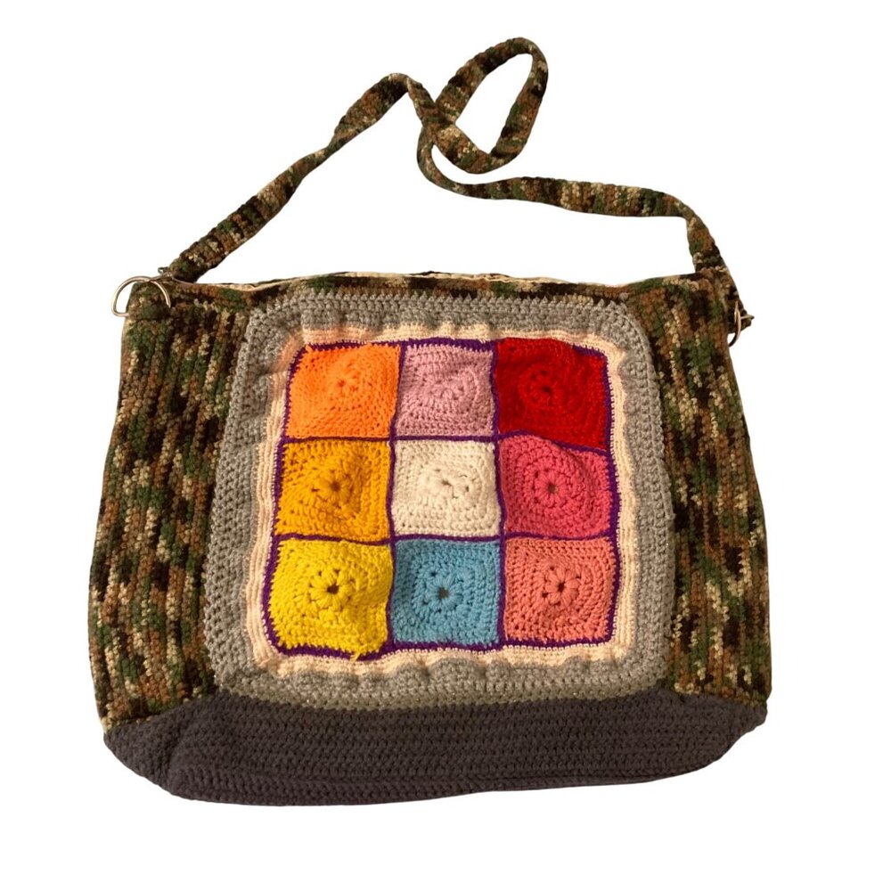 Handmade Crochet Granny Square Bag With Floral Squares Camo